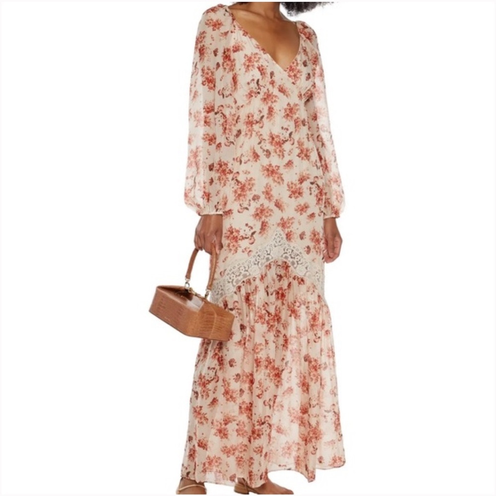 Cami NYC Francie Lace Trimmed Floral Boho 100% Silk Chiffon Maxi Dress Sz XS